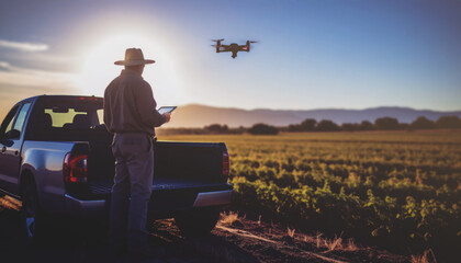 A Gen Z American man controls a drone in the back of a pickup truck.