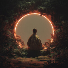 Person meditating peacefully in nature with circular light background  