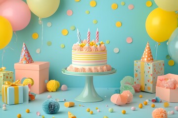 Cartoonic festive birthday cake on a stand surrounded by colorful gift boxes, party hats, and streamers 