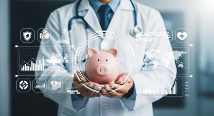 Healthcare Finance & Investment: Doctor Holding Piggy Bank with Medical Icons, Representing Savings, Insurance & Health Economics