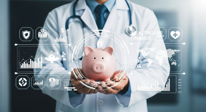 Healthcare Finance & Investment: Doctor Holding Piggy Bank with Medical Icons, Representing Savings, Insurance & Health Economics