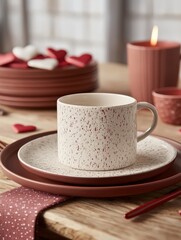 Fototapeta premium A cozy table setting featuring a textured cup and saucer, terracotta plates, heart-shaped cookies, and a lit candle creating a warm ambiance.