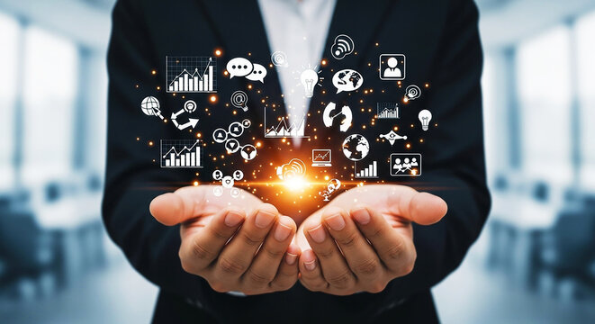 Title: Business Technology & Digital Transformation: Hands Holding Glowing Core with Interconnected Icons Representing Data, AI & Global Solutions