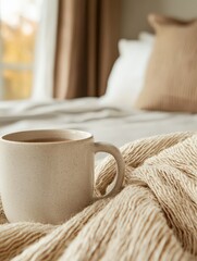 A cozy beige ceramic mug filled with coffee rests on a soft, textured blanket in a warm, softly lit bedroom setting.
