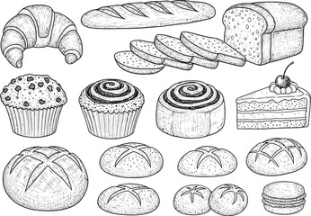 Collection of hand drawn bakery items including bread muffins cinnamon rolls and cake
