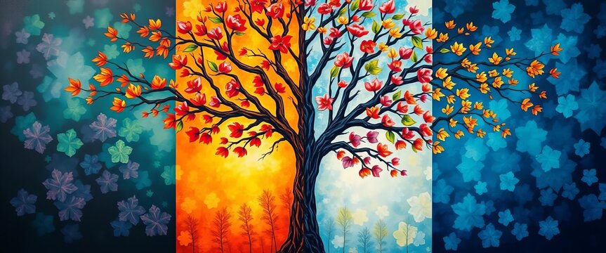 Abstract tree branches painted in vibrant colors, depicting four seasons in a fox mosaic, artwork, watercolor