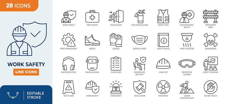 Work safety line editable icon set. Containing workplace security, Safety first, hard hat, insurance, first aid kit, risk management, regulation, and more. editable stroke. Vector illustration