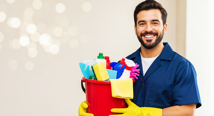 "Professional Cleaning Service: Smiling male cleaner with yellow gloves holds red bucket of supplies, ensuring spotless hygiene for home and office."







