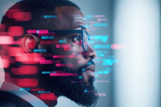 A focused man with glasses looks ahead, surrounded by colorful digital data streams symbolizing technology and innovation.