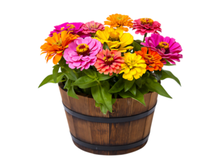 Colorful zinnias in a wooden bucket isolated on transparent background