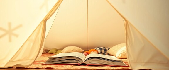 Cozy tent interior, child's book open, soft lighting,  night,  children's literature