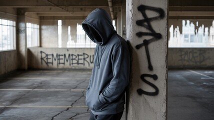 Hacker, Hooded figure leans against graffiti-covered pillar in abandoned parking garage, head bowed in contemplation.
