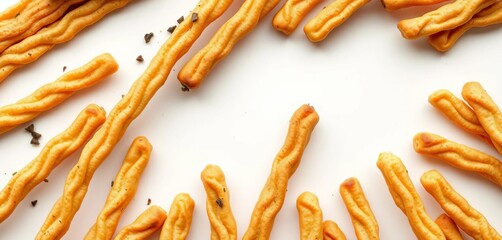 Crispy, aromatic grissini breadsticks seasoned with herbs and spices, arranged on a pristine white background,   contrast,  elegant