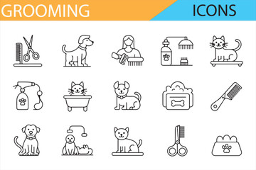A collection of vector icons representing pet grooming tools and activities, including scissors, combs, brushes, and pets like dogs and cats. Ideal for pet care, grooming, and veterinary-related conte