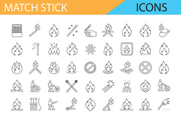 A set of icons showcasing various fire-related actions and tools, such as matchsticks, flames, and extinguishers.