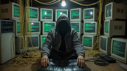 Hacker, Mysterious hooded figure in a room filled with vintage computer monitors, coding.