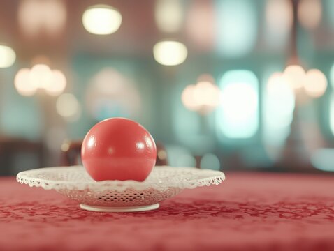 A shiny red ball sits on a decorative white plate on a red textured surface with a softly blurred background of warm lights.