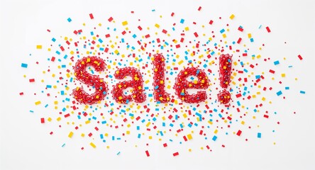 Obraz premium Red sale text with exclamation point and colorful confetti on a white background overhead shot