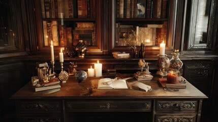 Warm candlelight illuminates a vintage wooden desk filled with books and artifacts in a cozy study space