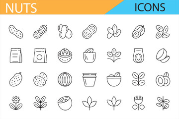 Icons for various nuts and snack food items, perfect for food packaging and agricultural graphics.

