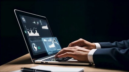 Businessman uses holographic interface on laptop to search for a digital user guide, accessing online manuals, help support, online search, service, strategy advice, and instruction business tool. - Powered by Adobe