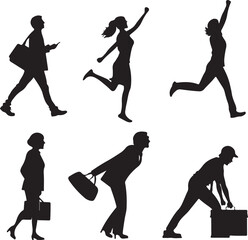Obraz premium Diverse people silhouettes in motion with bags and phones black figures