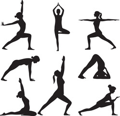 Eight black yoga pose silhouettes on white background poses