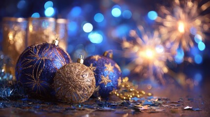 Close-up of elegant blue and gold Christmas baubles with glowing sparklers and festive confetti perfect for winter holiday visuals, New Year cards and seasonal decorations