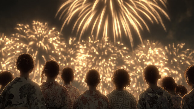 浴衣姿の人々が橋で花火を楽しむ夜