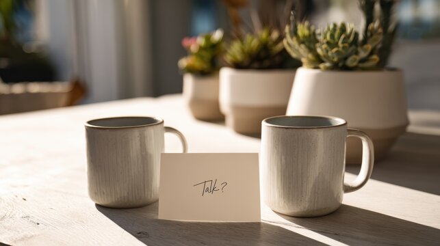 Cozy coffee chat invitation with succulent decor and sunny atmosphere