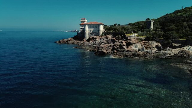 4K Drone Footage of Castello del Boccale on the Cliffs of Calafuria &ndash; Scenic Coastal View in Tuscany, Italy