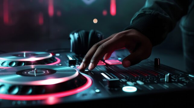 A DJ’s mesmerizing touch, manipulating the music on a console under neon lights, creates a captivating soundscape experience in the vibrant atmosphere.