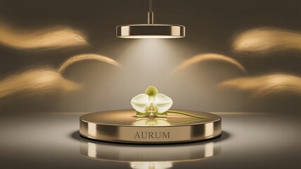 Orchid on Gold Platform Illuminated by Spotlight with Aurum Inscription