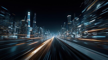 Futuristic city street at night with motion blur effect