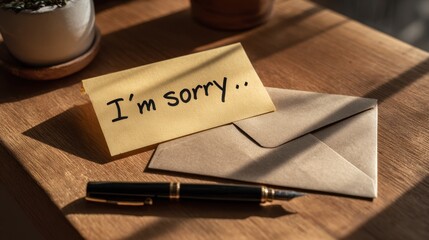 Apology note on desk with pen and envelope under soft sunlight
