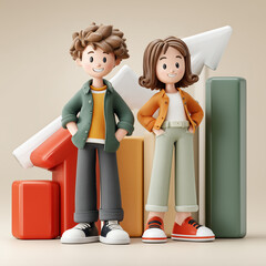 Two cartoon characters stand next to each other in front of a series of stacked cubes. The cubes are arranged in a way that suggests a growth or progression, with the tallest cube on the left