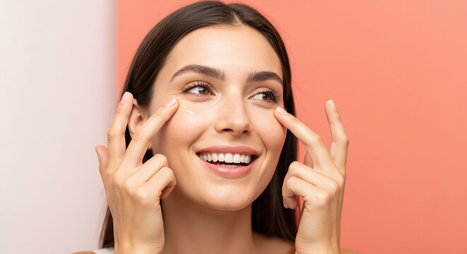 Happy smiling woman applying hydrating eye cream or serum for her daily skincare routine on a modern coral background - Powered by Adobe