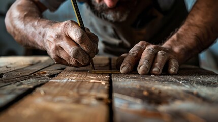 Close-up of a craftsman marking wood with a pencil and ruler, showcasing his skill and dedication to traditional woodworking techniques.