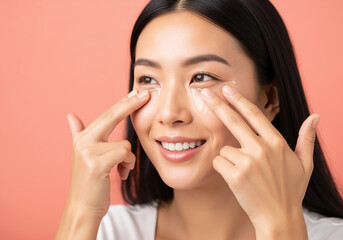 Beautiful smiling Asian woman applying hydrating under-eye cream gel for an anti-aging skincare routine on a pink background