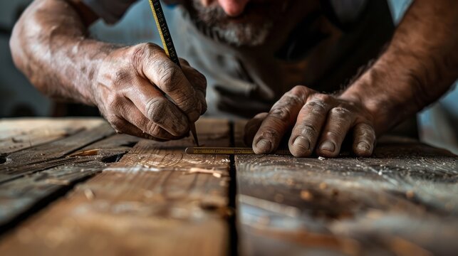 Close-up of a craftsman marking wood with a pencil and ruler, showcasing his skill and dedication to traditional woodworking techniques.