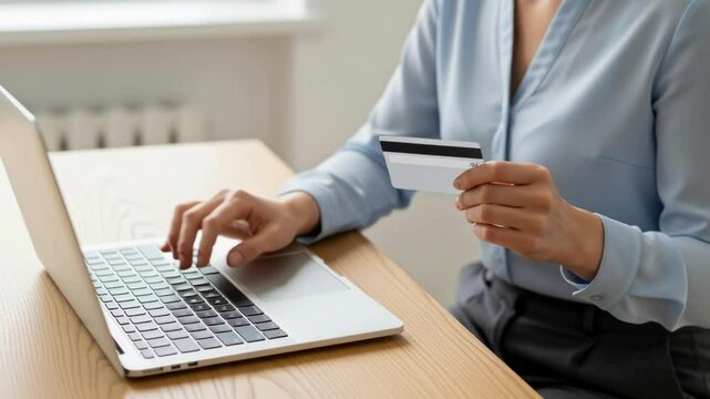 Online shopping experience woman using credit card on laptop home office setting digital transaction comfortable environment focused viewpoint e-commerce concept