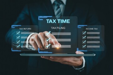 A person in a suit interacting with a digital tax filing interface on a tablet device screen