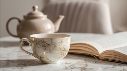 Fototapeta premium Cozy morning scene with marble cup, teapot, and open book on marble table