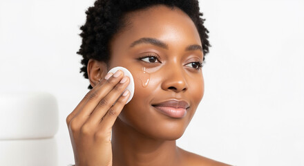Beautiful Black woman applying hydrating facial toner with a cotton pad during her daily skincare routine for glowing skin, on a white background