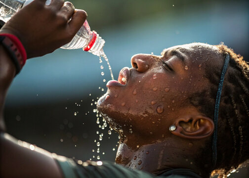 Sweaty, hydrated woman. Heat stroke prevention. Sweating. Exercise. Close-up.