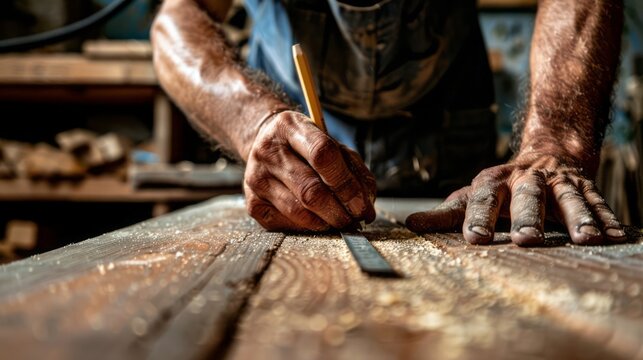 The craftsman's hands meticulously mark the wooden surface with a pencil, preparing for a woodworking project in their rustic workshop environment.