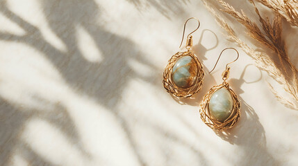 Shimmering faceted gemstone earrings displayed on a neutral stone background with soft natural light enhancing their simple delicate shape and sophisticated minimal style

