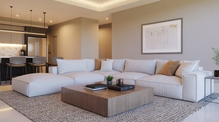 Bright living room featuring a large white sectional sofa and a wooden coffee table space view