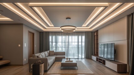 Interior of a living room featuring a sectional sofa, a modern ceiling, and large windows with drapes