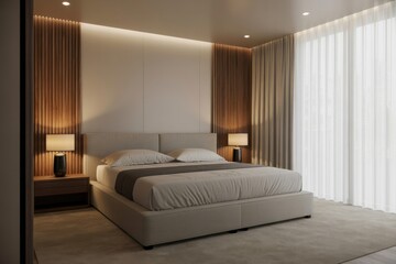 A modern bedroom with a large bed flanked by nightstands and a window with sheer curtains